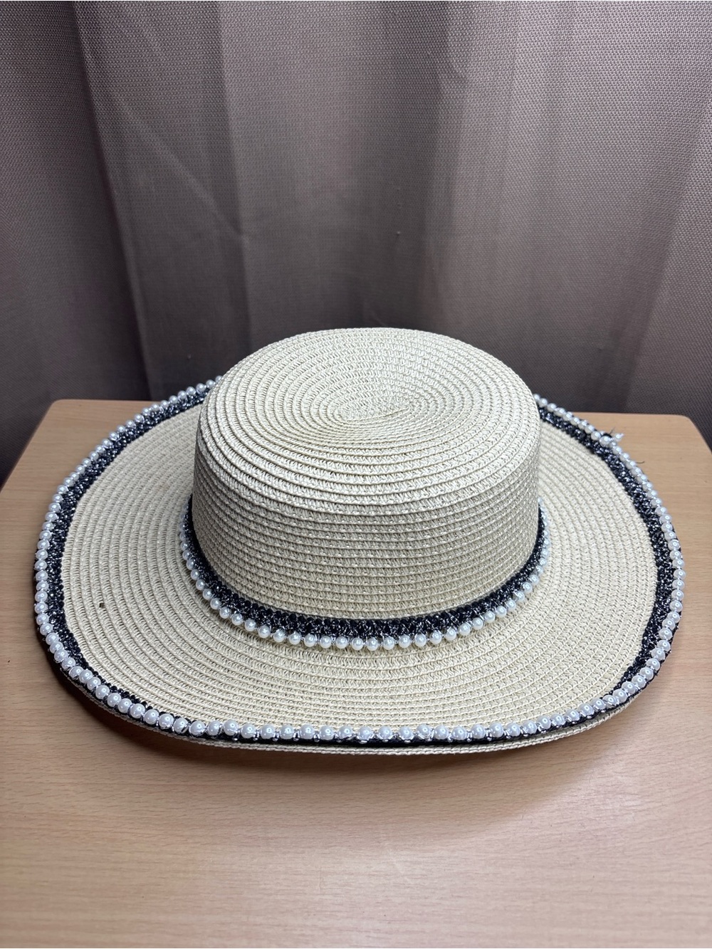 Cream Straw Sun Hat with Black Trim and Pearl Beading
